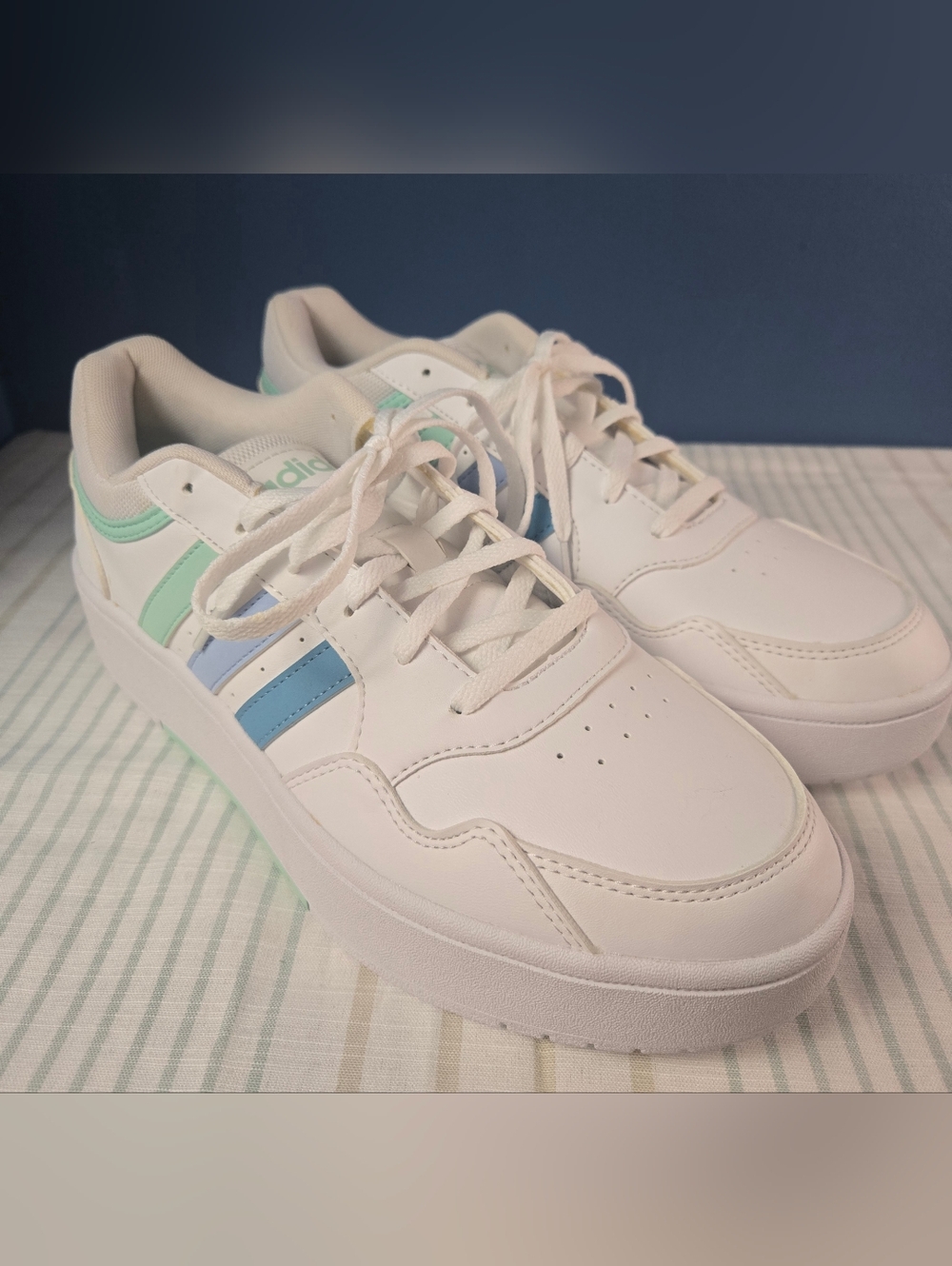 Adidas White Sneakers with Mint & Sky Blue Stripes